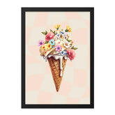 Floral Ice Cream Framed Wall Art, Cute Food Print, Dessert Home Decor, Sweet Treat Art, Creamy Cone Artwork, Unique Kitchen Wall Decor - Tawshia